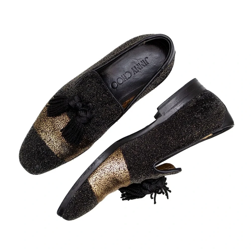 Jimmy Choo Men's Foxley Black & Gold‎ Glitter Tassel Loafers Size EU 40.5 / US 8